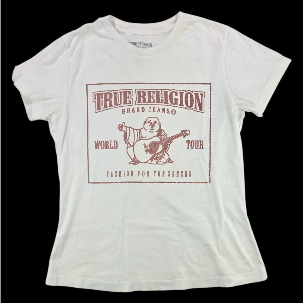 True Religion | White T-shirt w/Pink Sparkly Buddha Logo | Size Medium